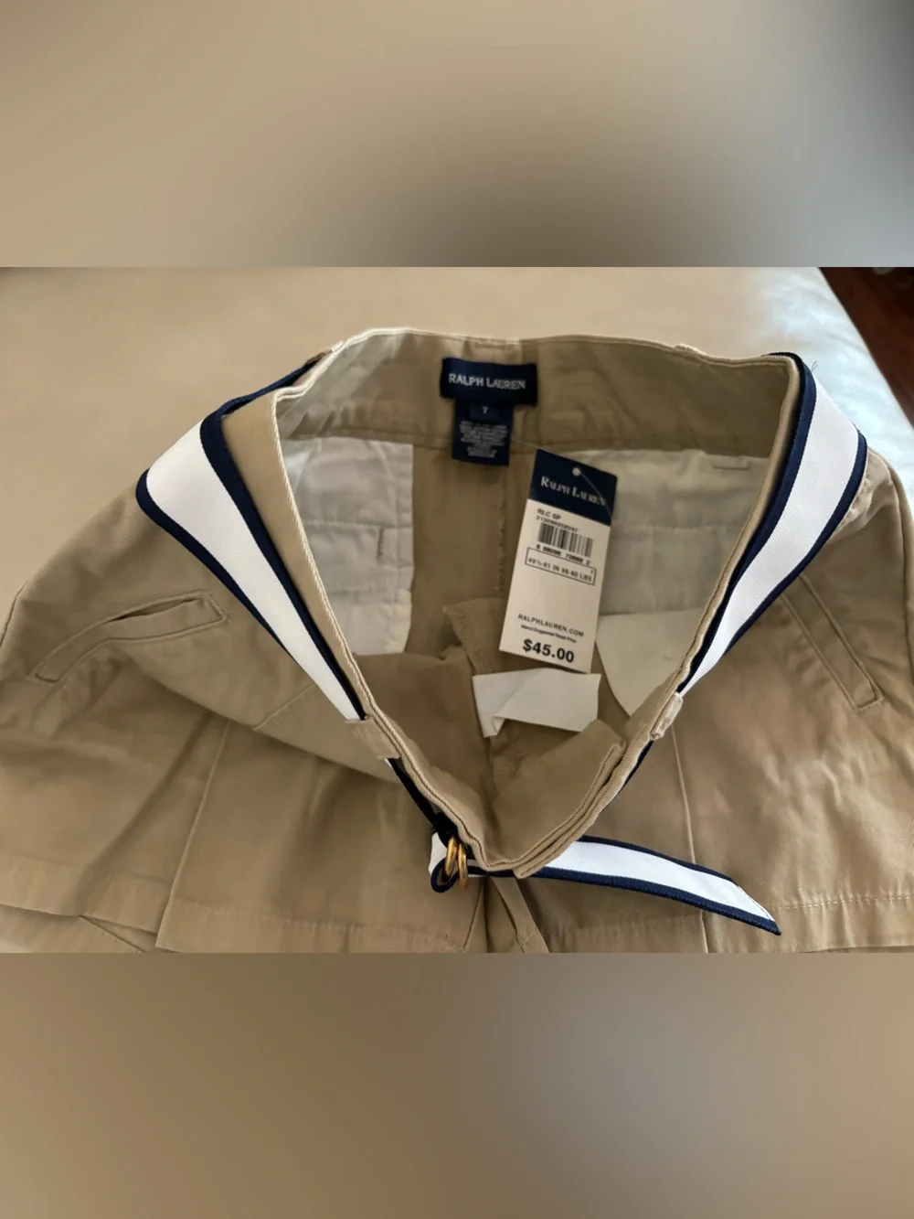 ✨New✨Ralph Lauren Tan Pleated Chinos with White & Navy Stripe Belt✨